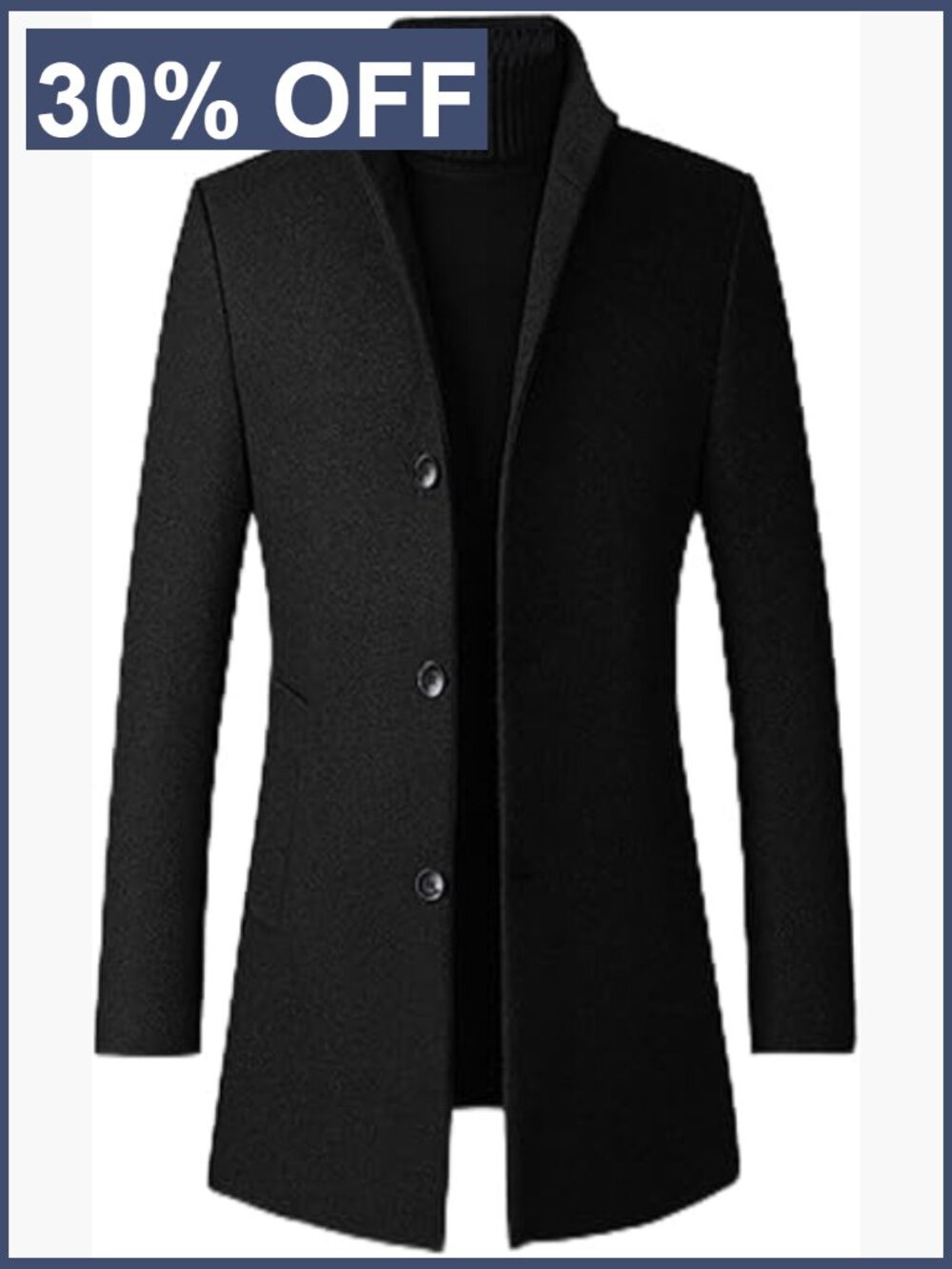 Men's Wool Blend Trench Coat Winter Single Breasted Stand Collar Slim Fit